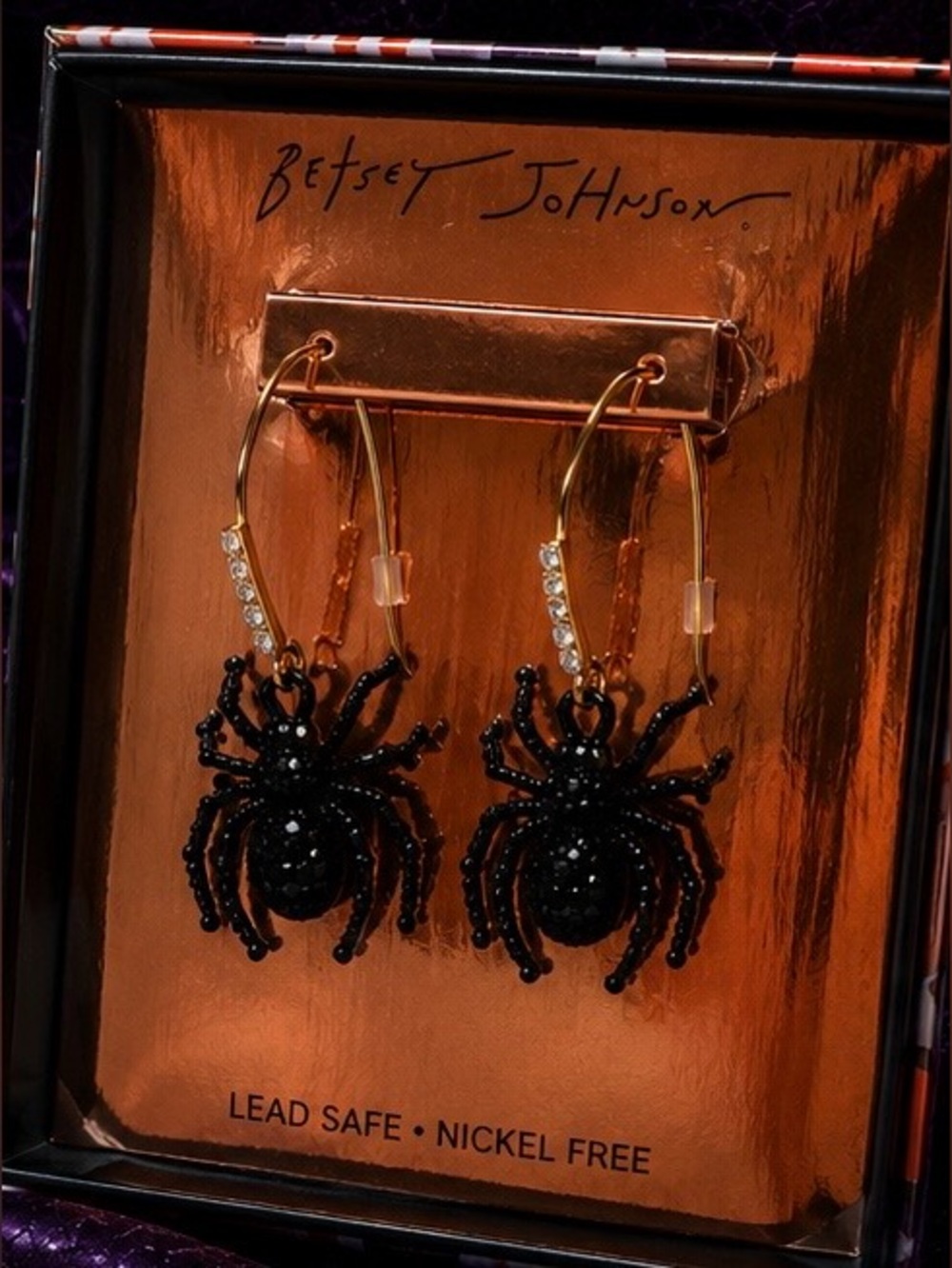 Authentic Betsey Johnson Black Spider Drop Earrings for Halloween NIB